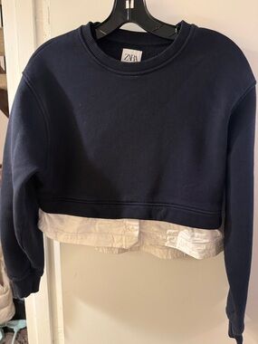Zara Girls Navy and White Layered-Look Cropped Sweatshirt